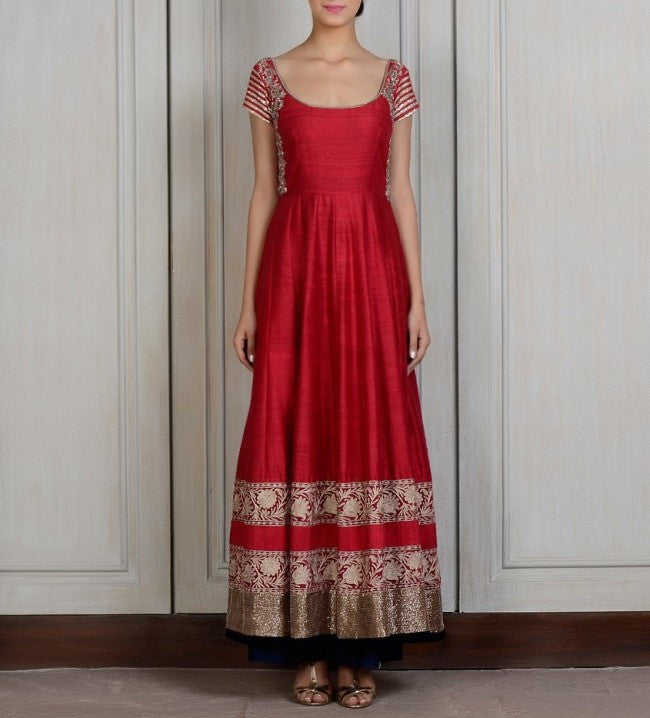 Tahira Coral Colour Embroidered Short Anarkali With Palazzo And Dupatta